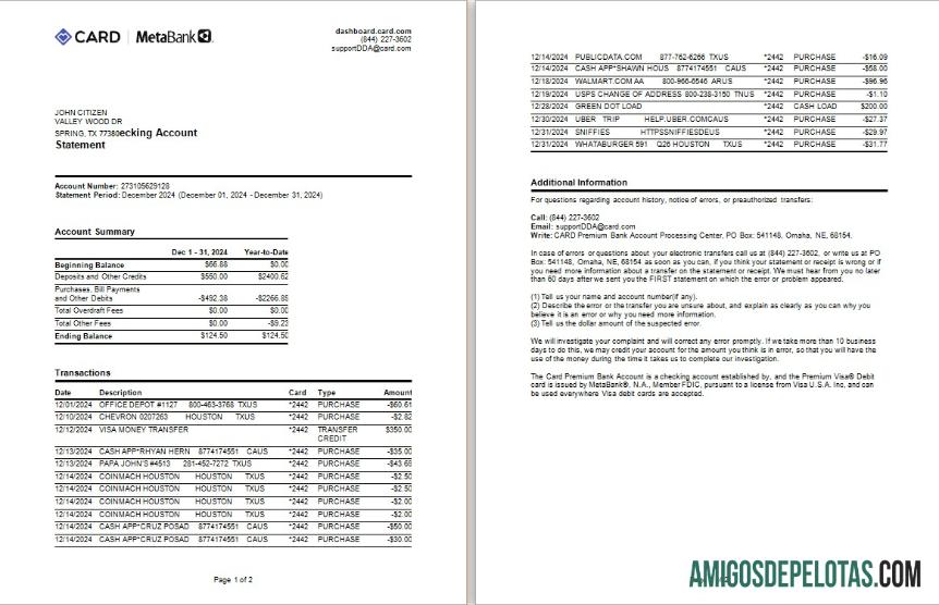 Exemplo de extrato de cartão bancário meta dos EUA Word e PDF, modelo de 2 páginas
